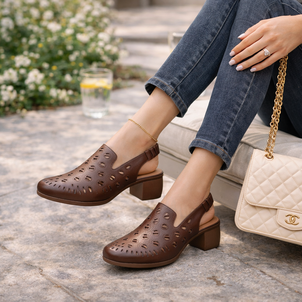 Sakina Premium Leather Perforated Slingback Summer Sandals - The Heels India