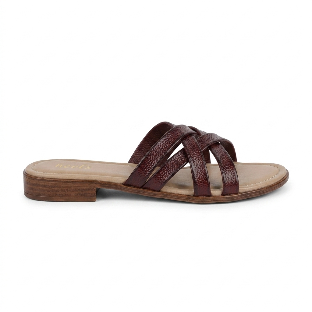 Woven Leather Flat Summer Slides Maroon - Front View