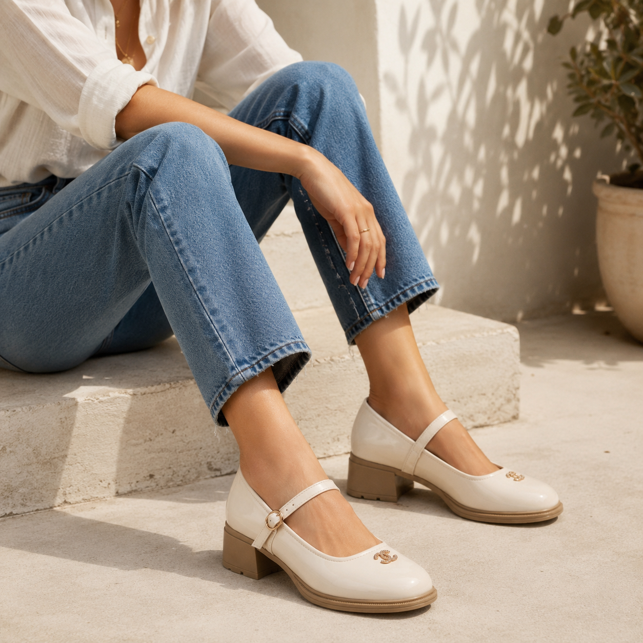 Shuzu Beige Mary Jane Block Heels Women - Worn Shot