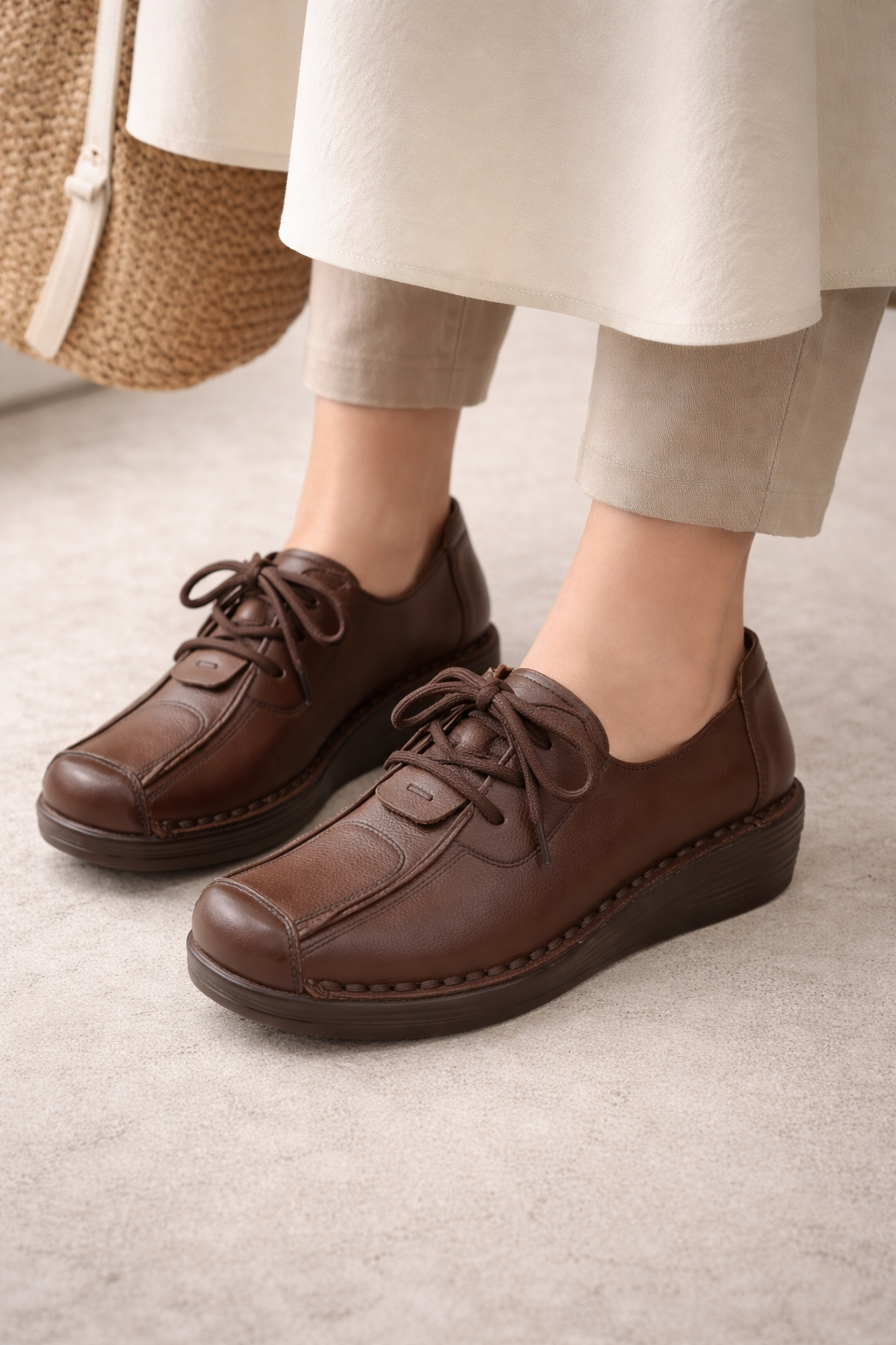 Carrie Premium Leather Lace Up Wedge Heel Loafers