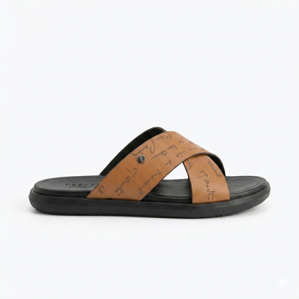Lucas Premium Engraved Leather Double Strap Cross Slippers