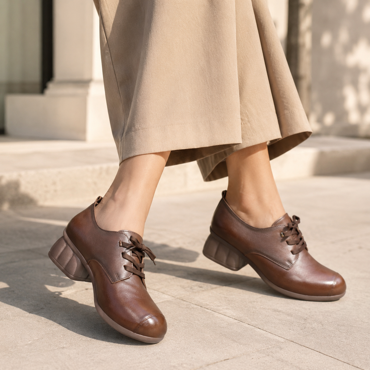Barbara Premium Leather Lace Up Mid Heel Loafers Brown - The Heels India