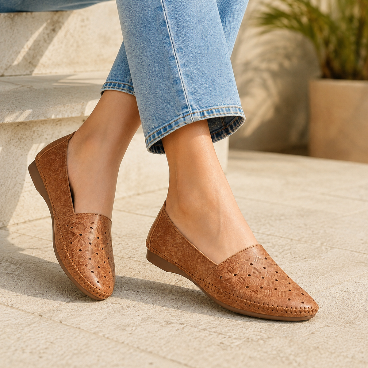 Estrella Perforated Cushioned Leather Ballerinas in Tan - The Heels India