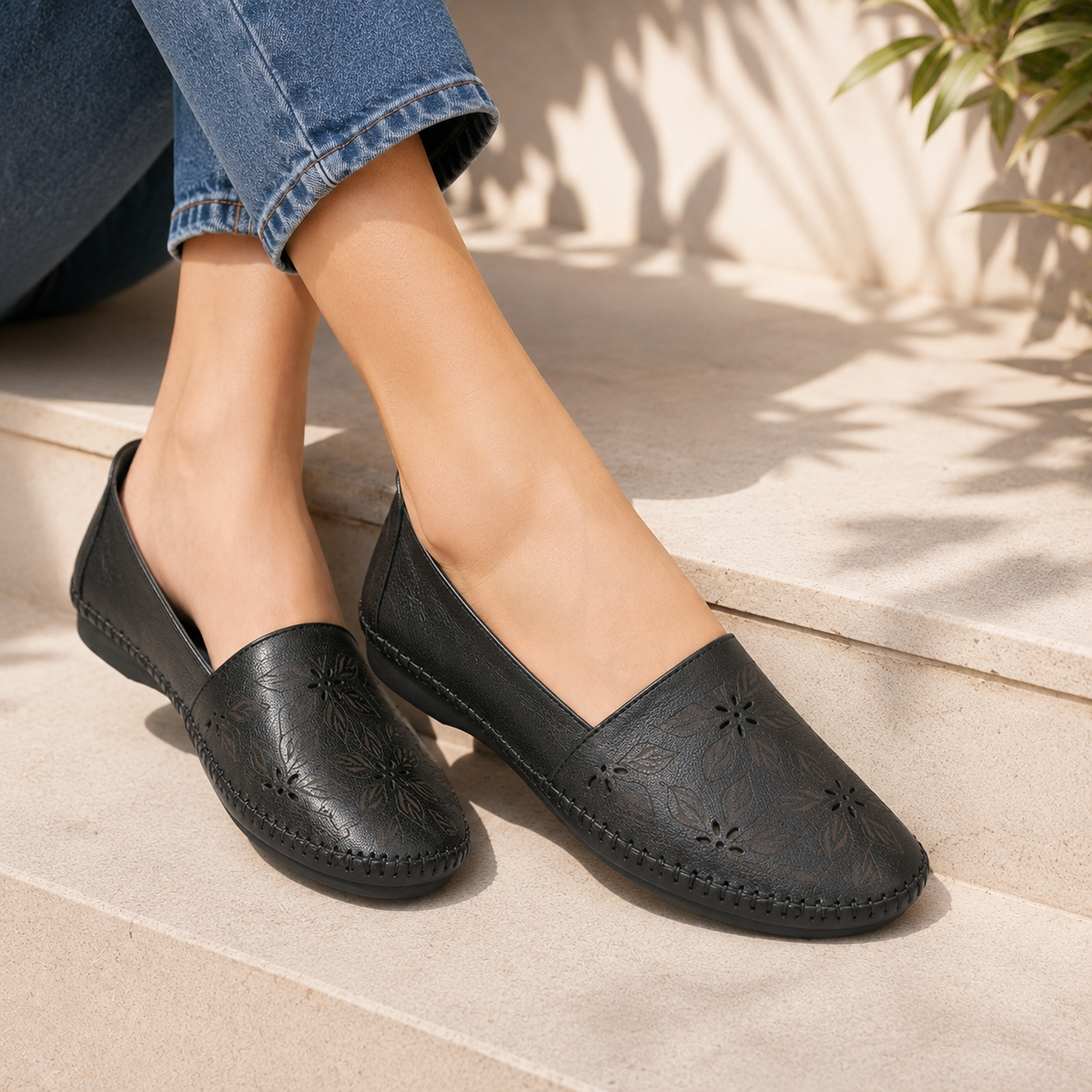 Teressa Perforated Cushioned Leather Ballerinas in Black - The Heels India