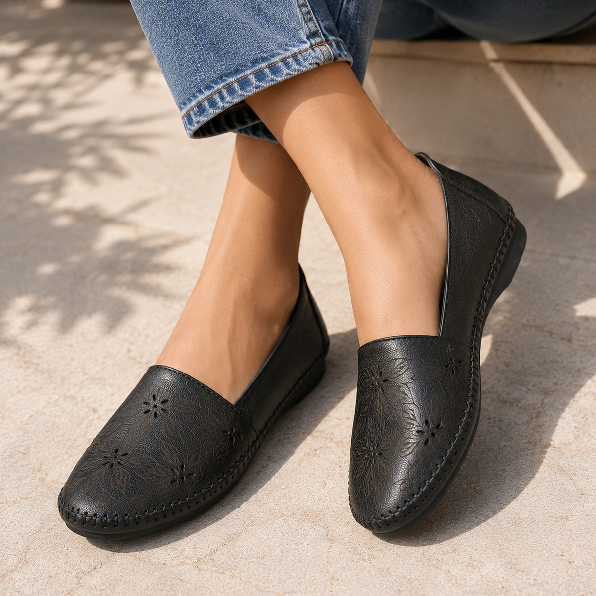 Teressa Perforated Cushioned Leather Ballerinas in Black - The Heels India