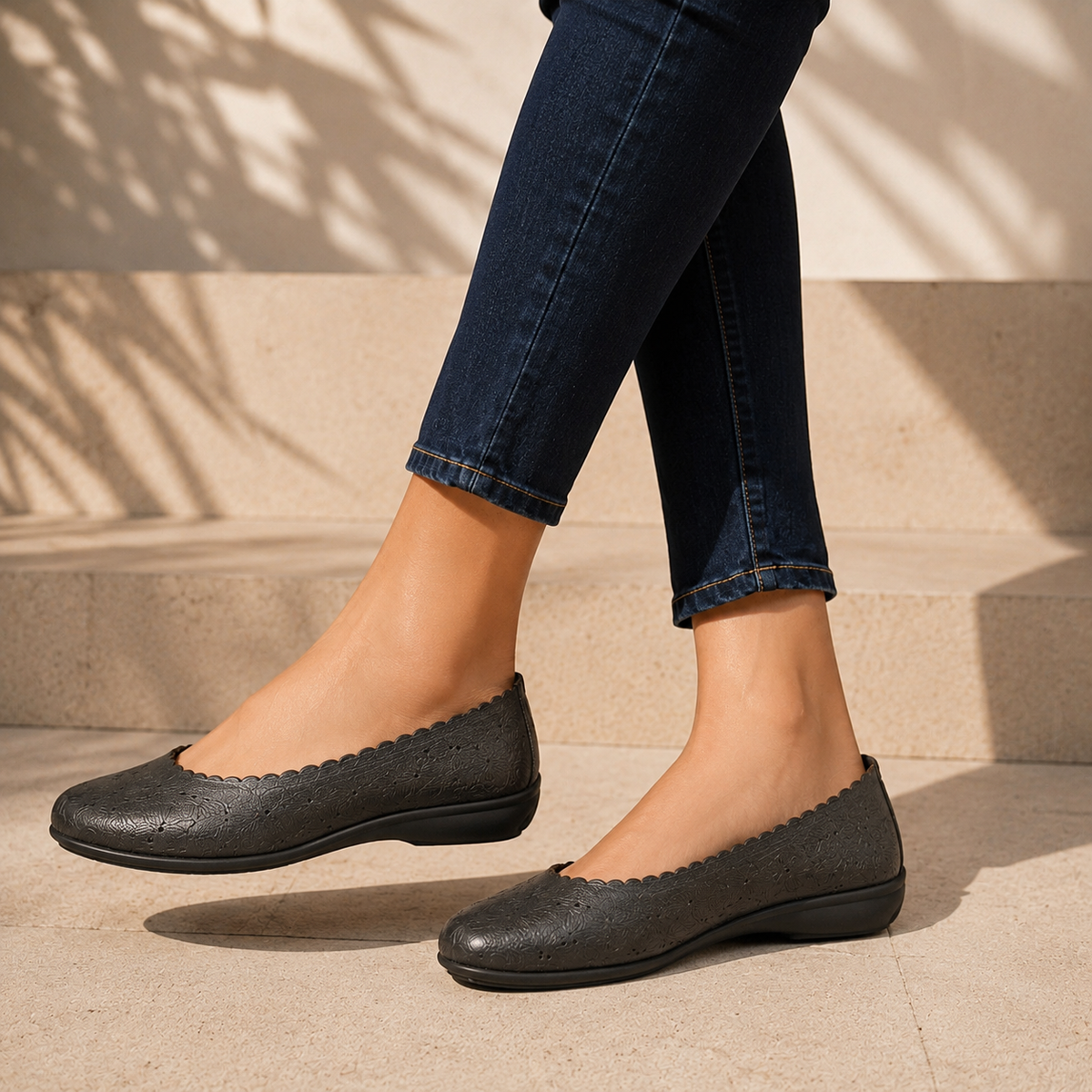 Giva Perforated Cushioned Leather Ballerinas in Black - The Heels India