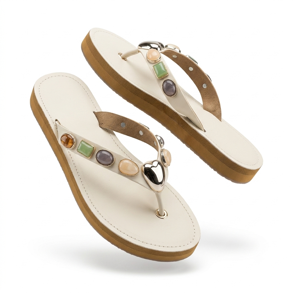 Norelle Gemstone V Strap Comfort Slippers Off White - The Heels India
