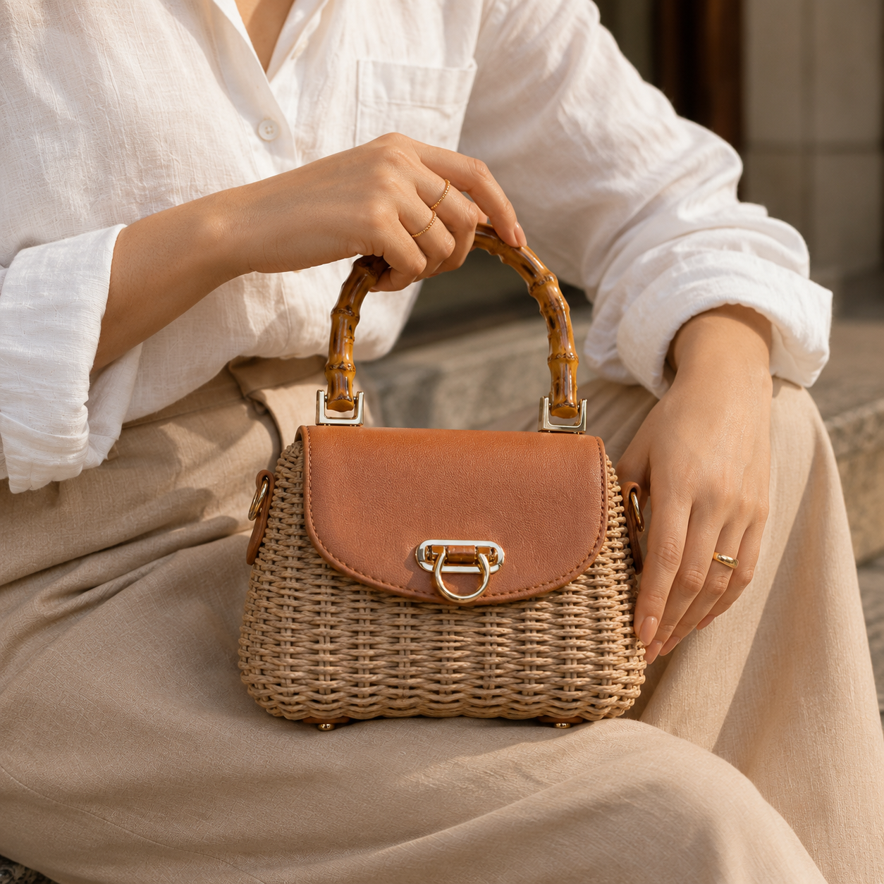 Wooden Handle Boho Straw Sling Bags
