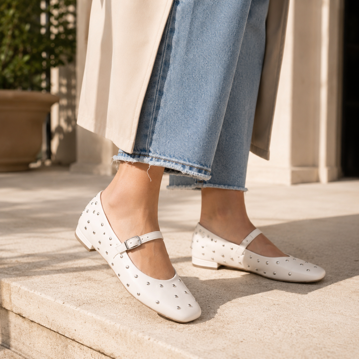 DIVA Premium Leather Flat Stud Mary Jane Ballerinas