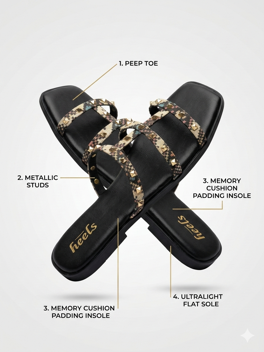 Paloma Studded Peep Toe Gladiator Flat Siders - The Heels India