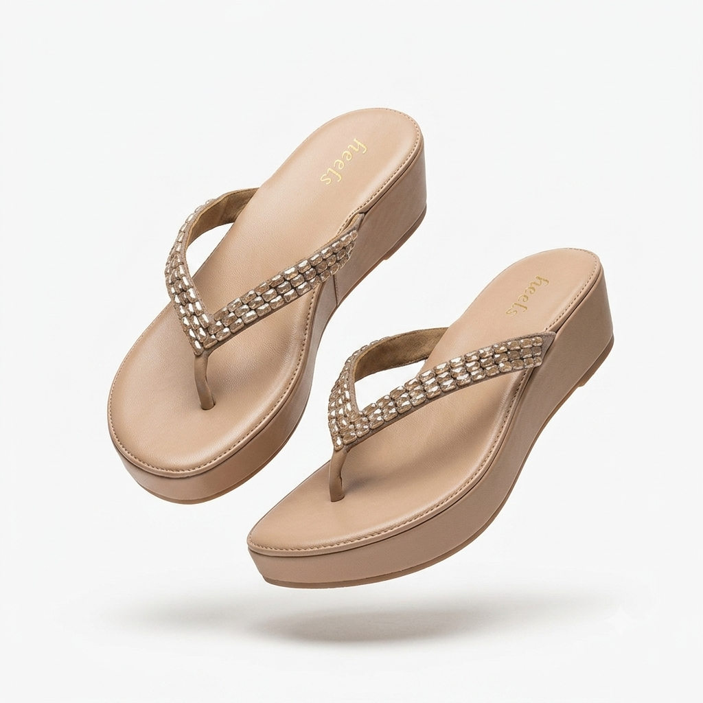 Ezra Comfort V Strap Embellished Wedge Slippers