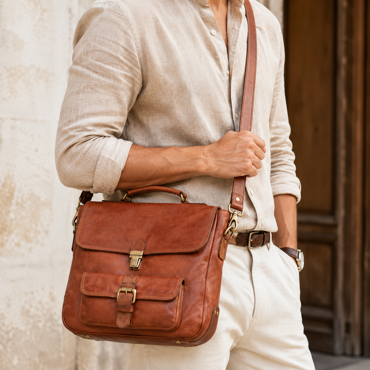 Nathan : Real Leather Tan Crossbody Bag - The Heels India