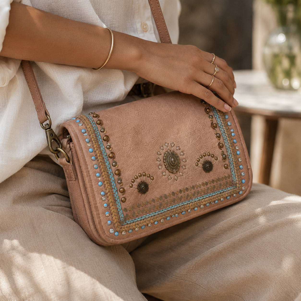 Savio : Embellished Leather Beige Crossbody Flap Bag - The Heels India