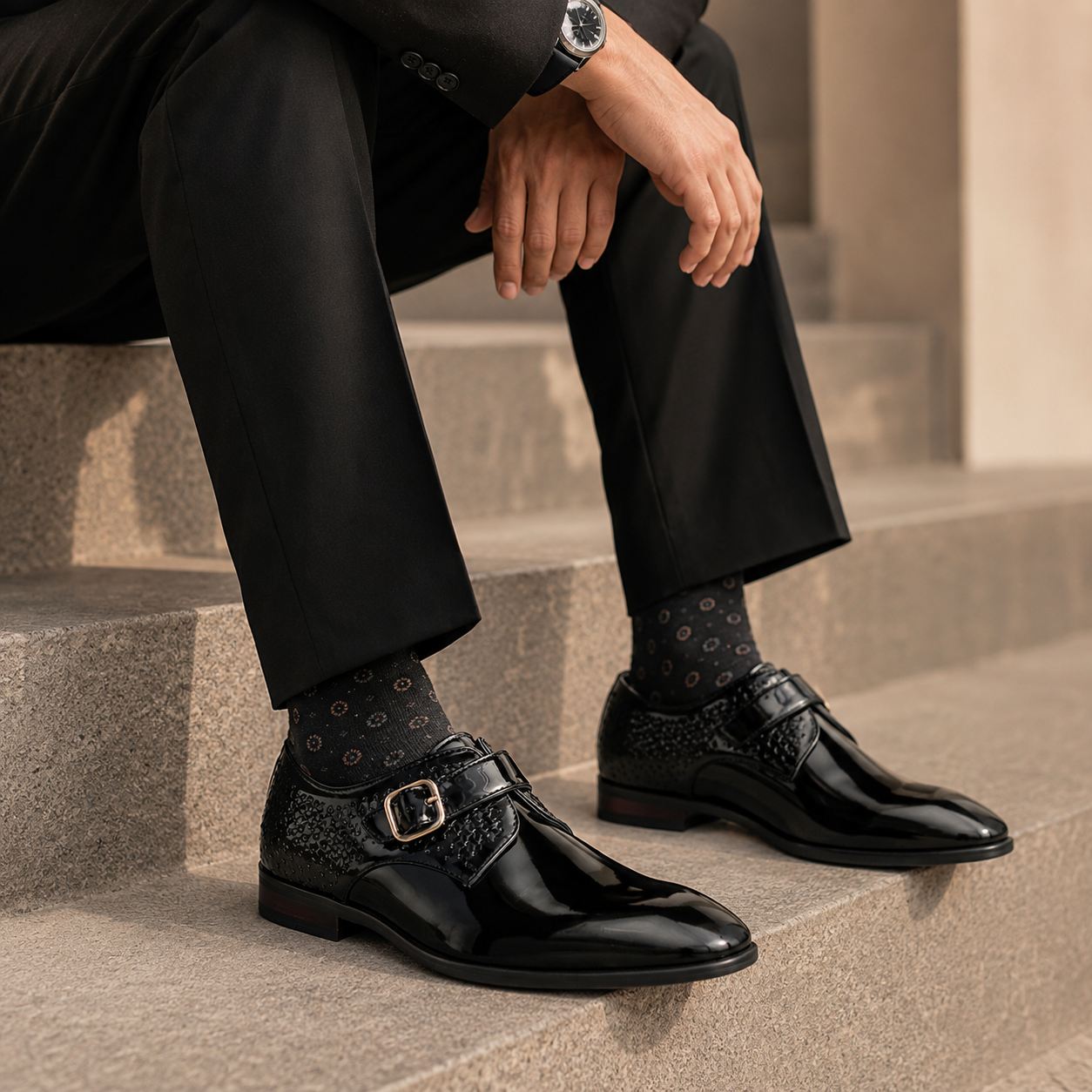 Enzo Premium Leather Patent Monk Strap Formal Shoes - The Heels India