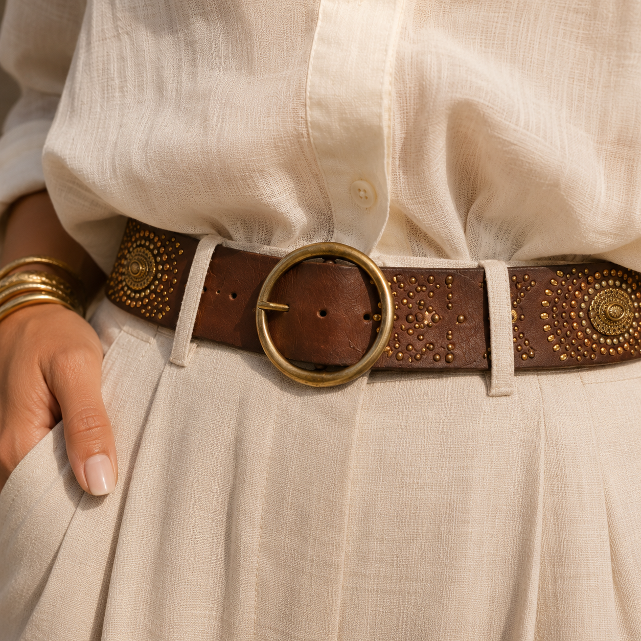 Brown Jewelled Wide Hip Belt in Leather