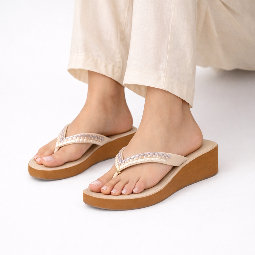 Modena V Strap Embellished Wedge Slippers