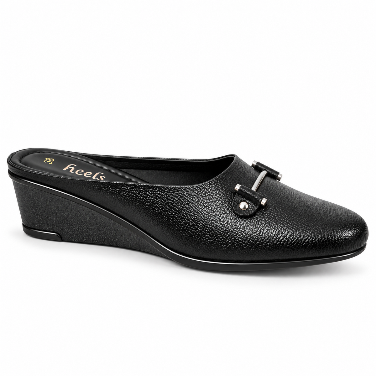 Cherie Buckled 2.0 Leather Back Open Wedge Heel Mules