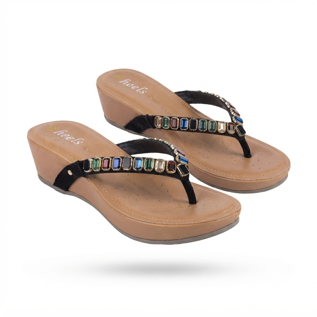 Julia Cushioned Beads V Strap Wedge Slippers