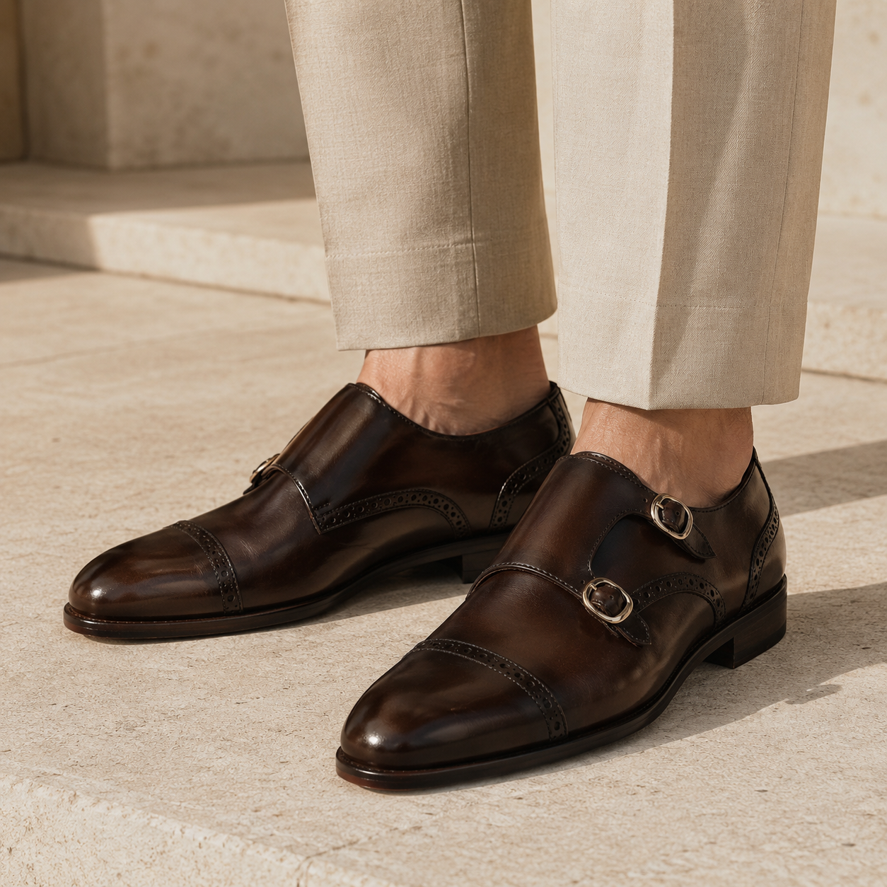 Clayton Brown Leather Double Monks - The Heels India