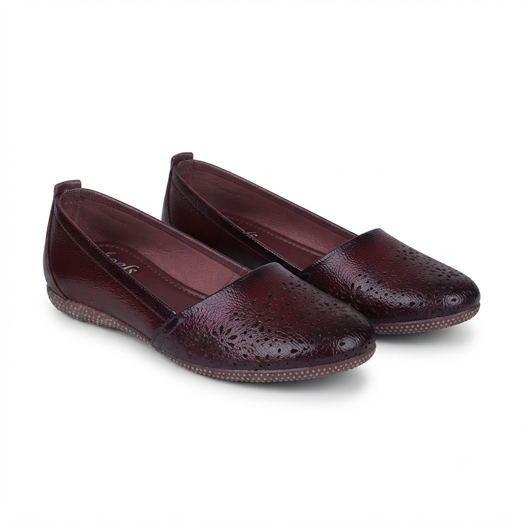 Ellis Leather Perforated Flat Ballerinas in Maroon - The Heels India