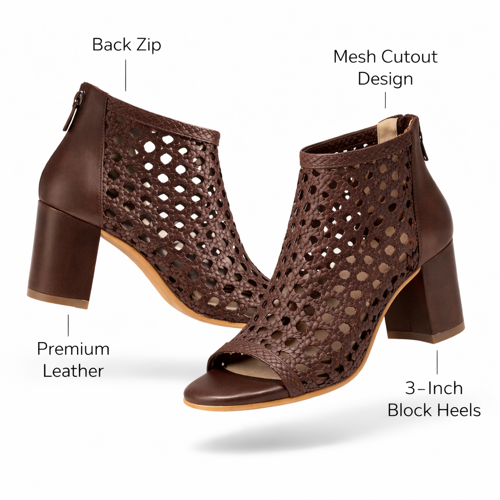 TESSA Premium Leather Mesh Gladiator Peep Toe Block Heels