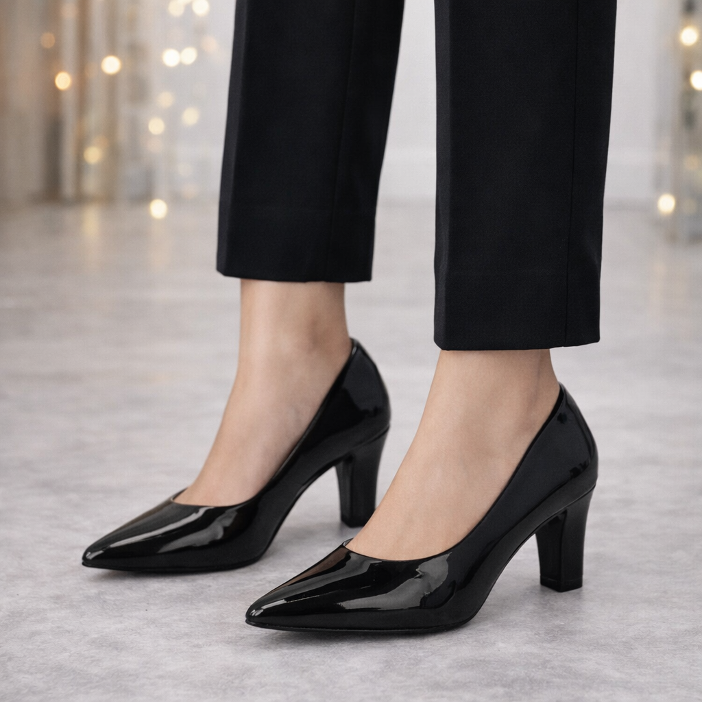 Nuvina Patent Block Heel Stilettoes - The Heels India