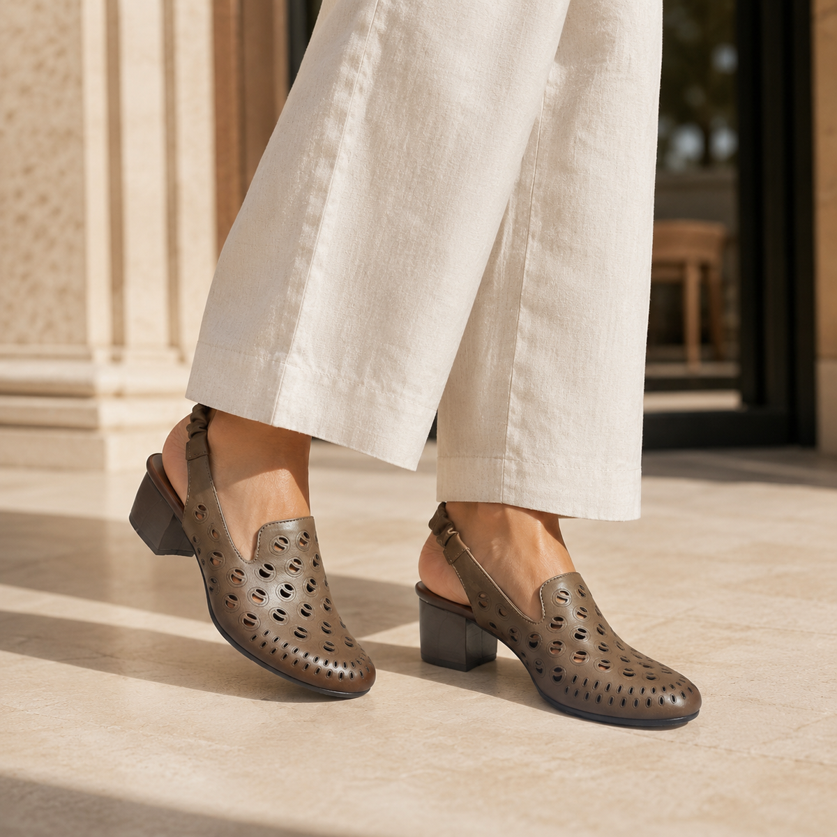 Sakina Premium Leather Perforated Slingback Summer Sandals - The Heels India