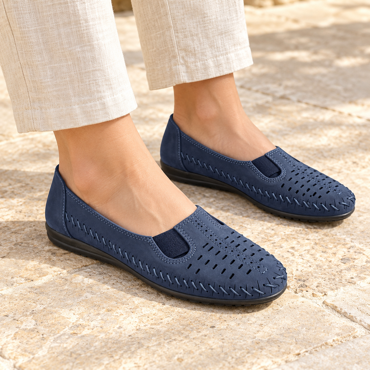 Paulina Nubuk Perforated Leather Ballerinas in Navy - The Heels India