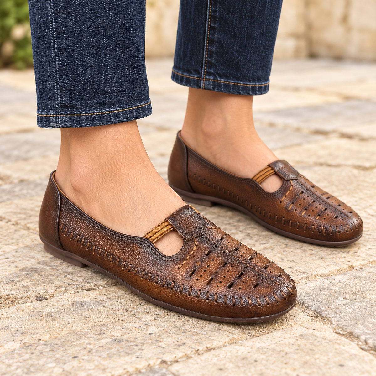 Nida Leather Elastic Perforated Loafers in Rust - The Heels India