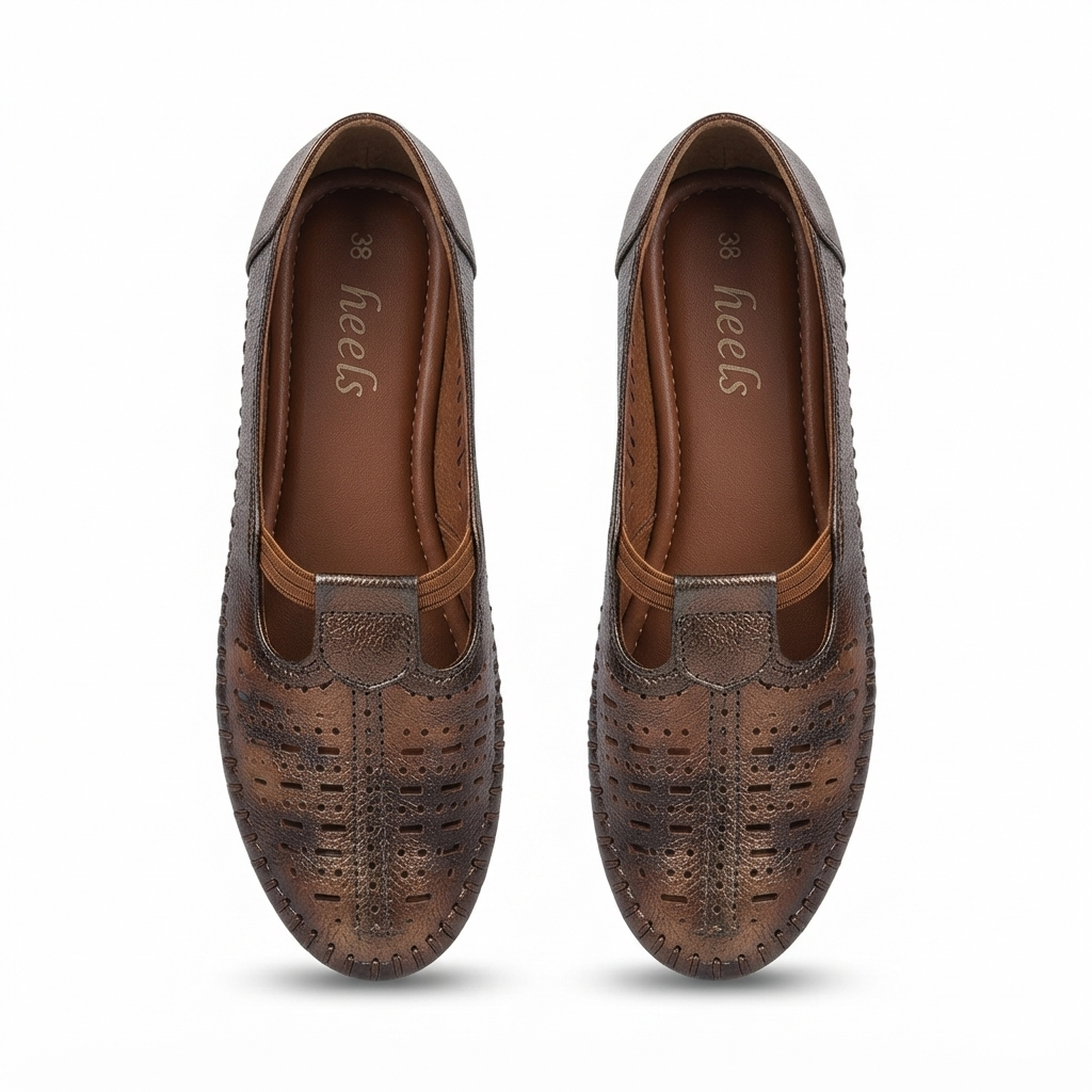 Nida Leather Elastic Perforated Loafers in Rust - The Heels India