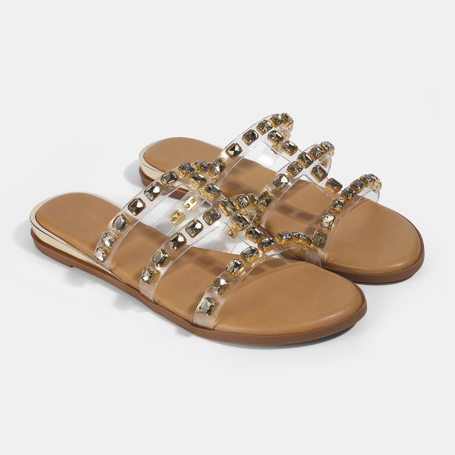 Flat sliders with transparent upper having bling embellishments for the extra oomph