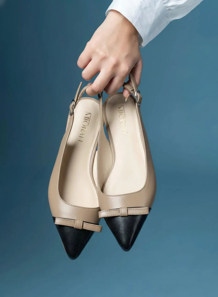 FLAUNT Premium Leather Pointed Toe Slingback Bow Ballerinas - The Heels India