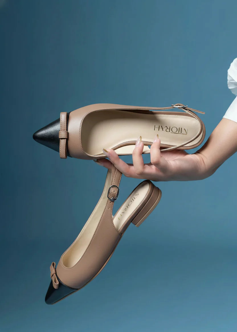 FLAUNT Premium Leather Pointed Toe Slingback Bow Ballerinas - The Heels India