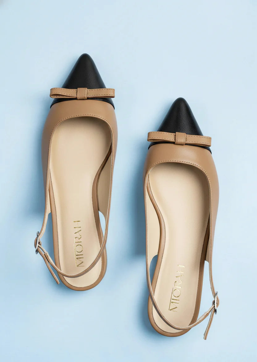 FLAUNT Premium Leather Pointed Toe Slingback Bow Ballerinas - The Heels India