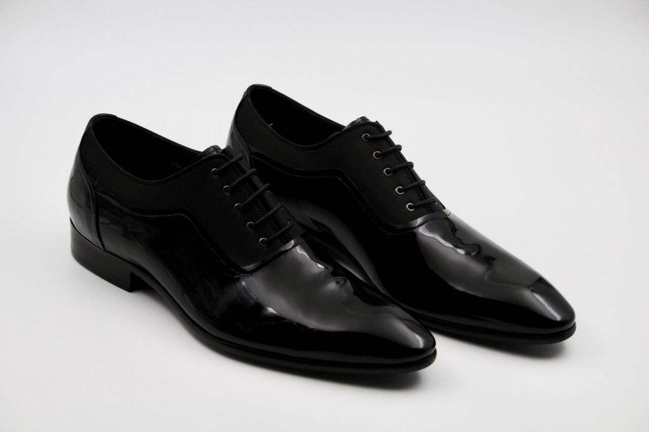 Harlow Black Leather Patent Derby - The Heels India