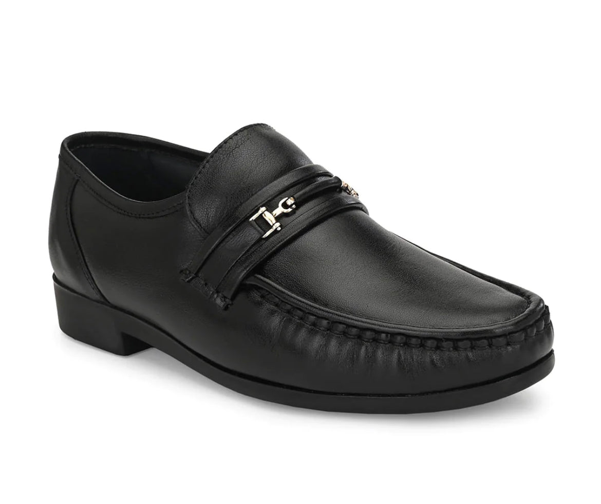 Felix Black Leather Buckle Cushion Loafers - The Heels India