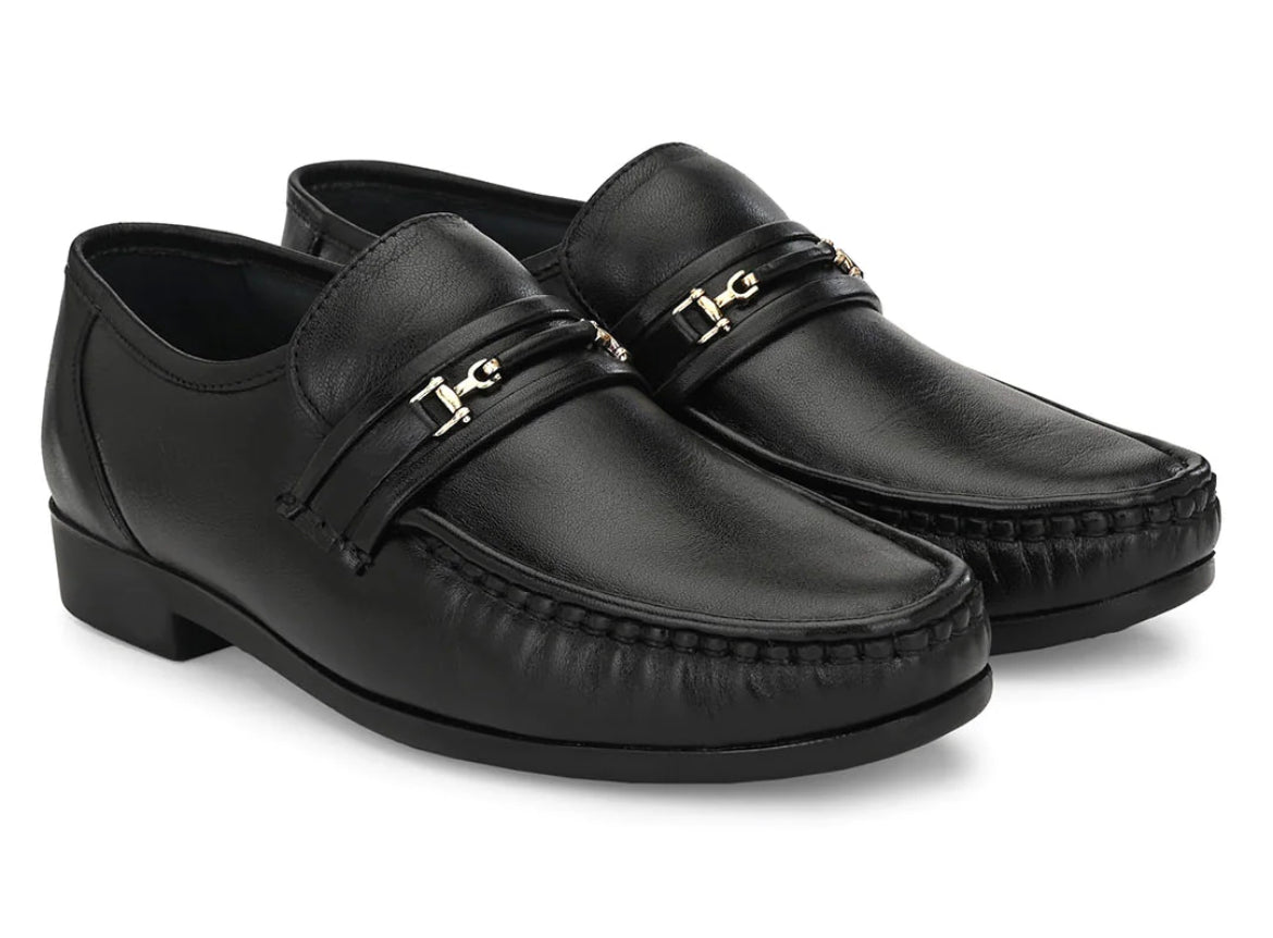 Felix Black Leather Buckle Cushion Loafers - The Heels India