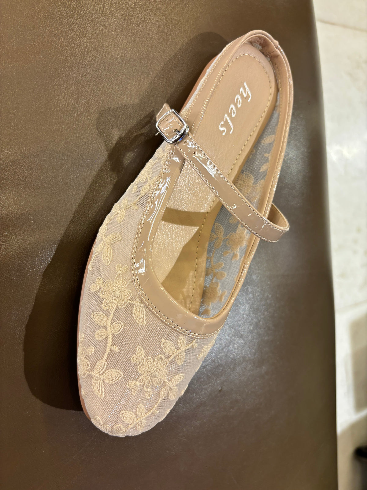 Carla 2.0 Mesh Hand Embroidered Mary Jane Ballerinas in Apricot - The Heels India