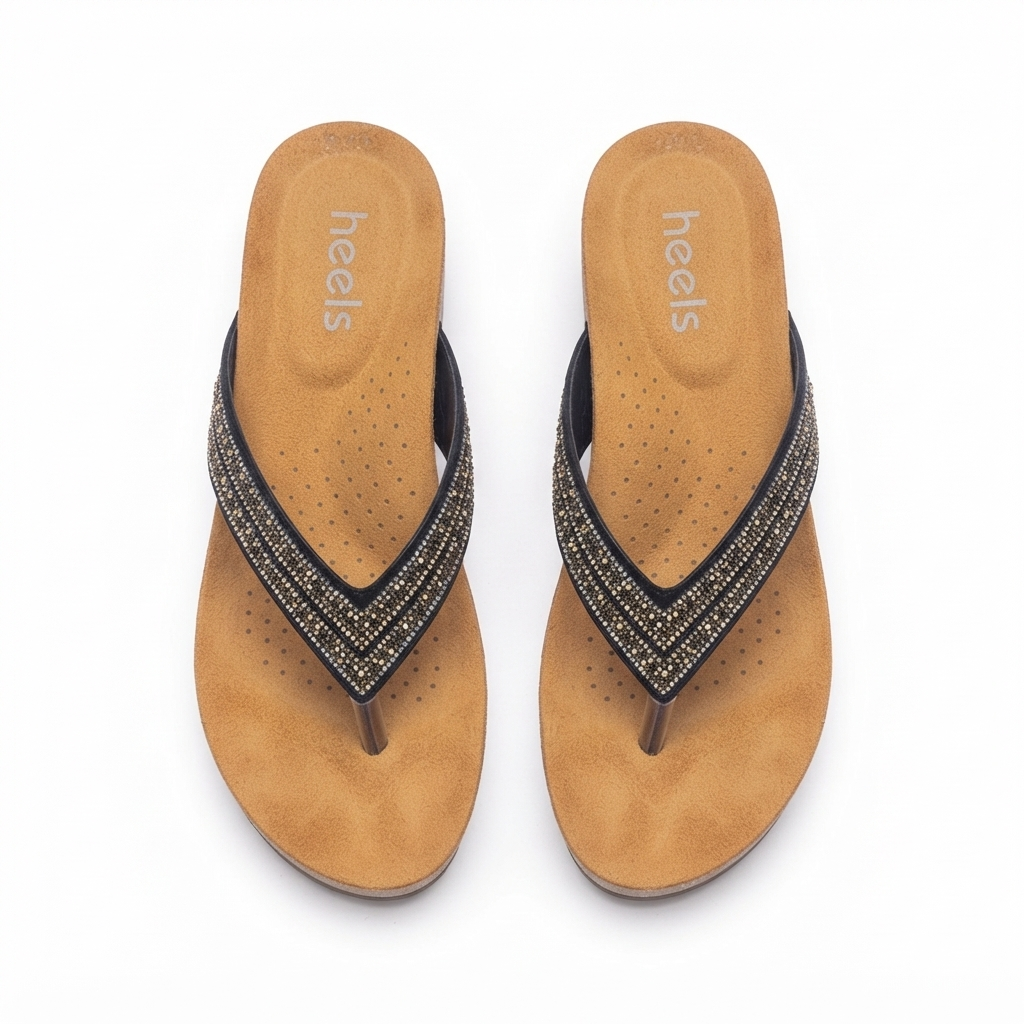 Chloe Bling V Strap Wedge Slippers in Black - The Heels India