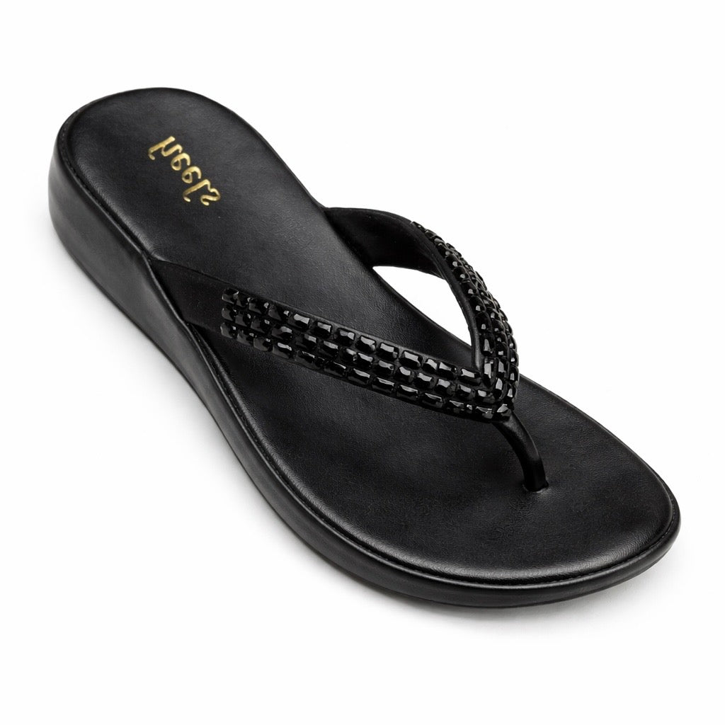 Ezra Comfort V Strap Embellished Wedge Slippers - The Heels India