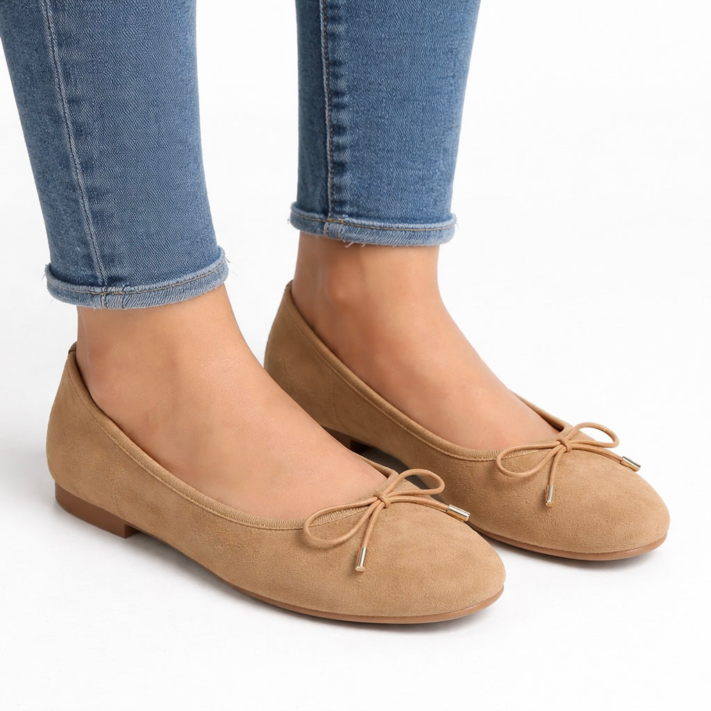 Charlette Cushioned Flat Knot Bow Suede Ballerinas - The Heels India