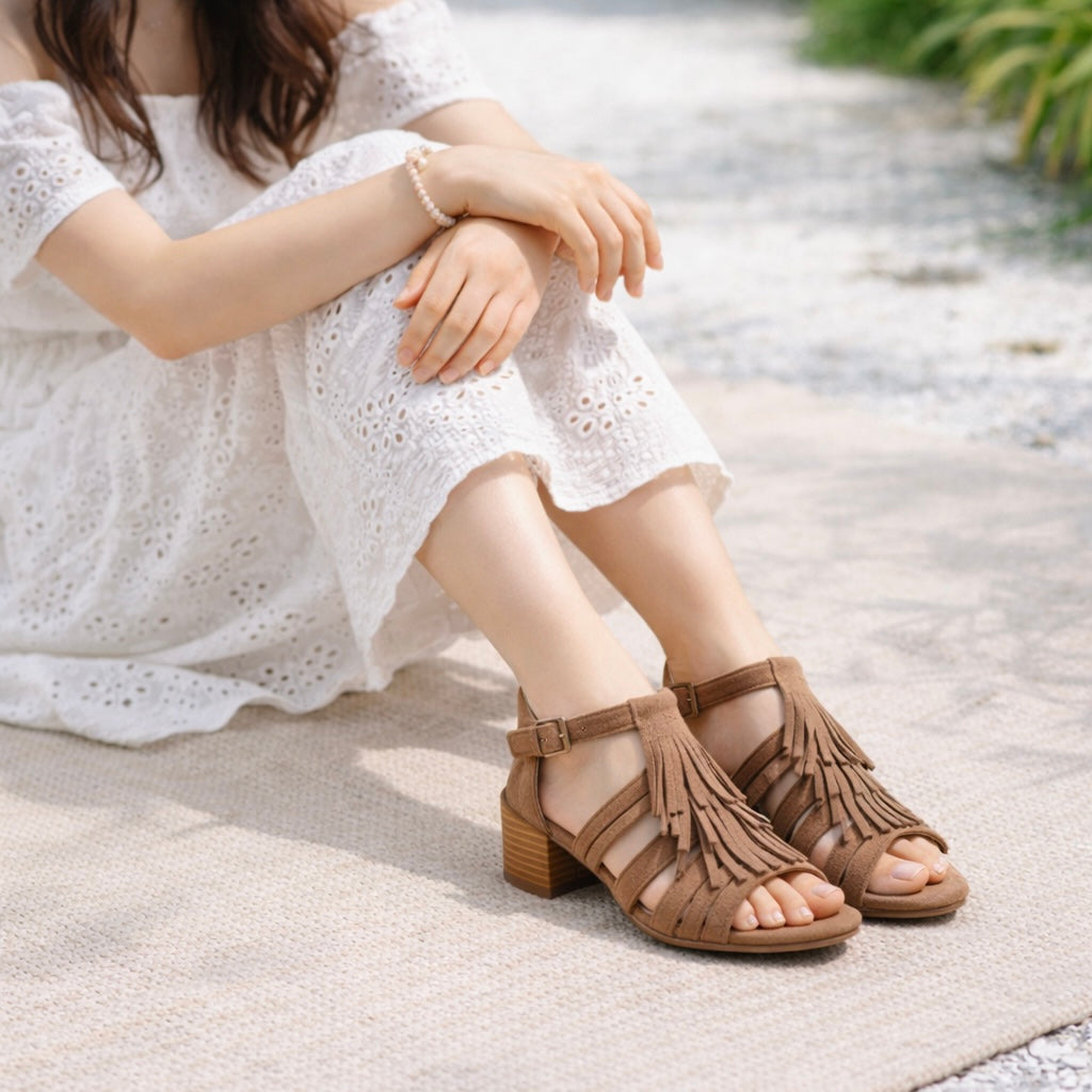 Canyon Breeze Suede Fringe Block Heel Summer Sandals - The Heels India