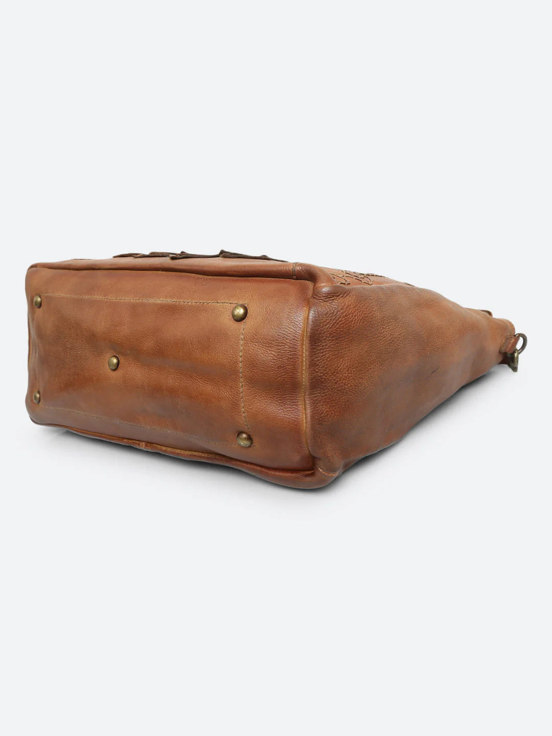 Genuine Cognac Leather Tote Bag with Patch Work