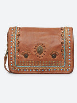 Savio: Leather Embellished Cognac Crossbody Flap Bag