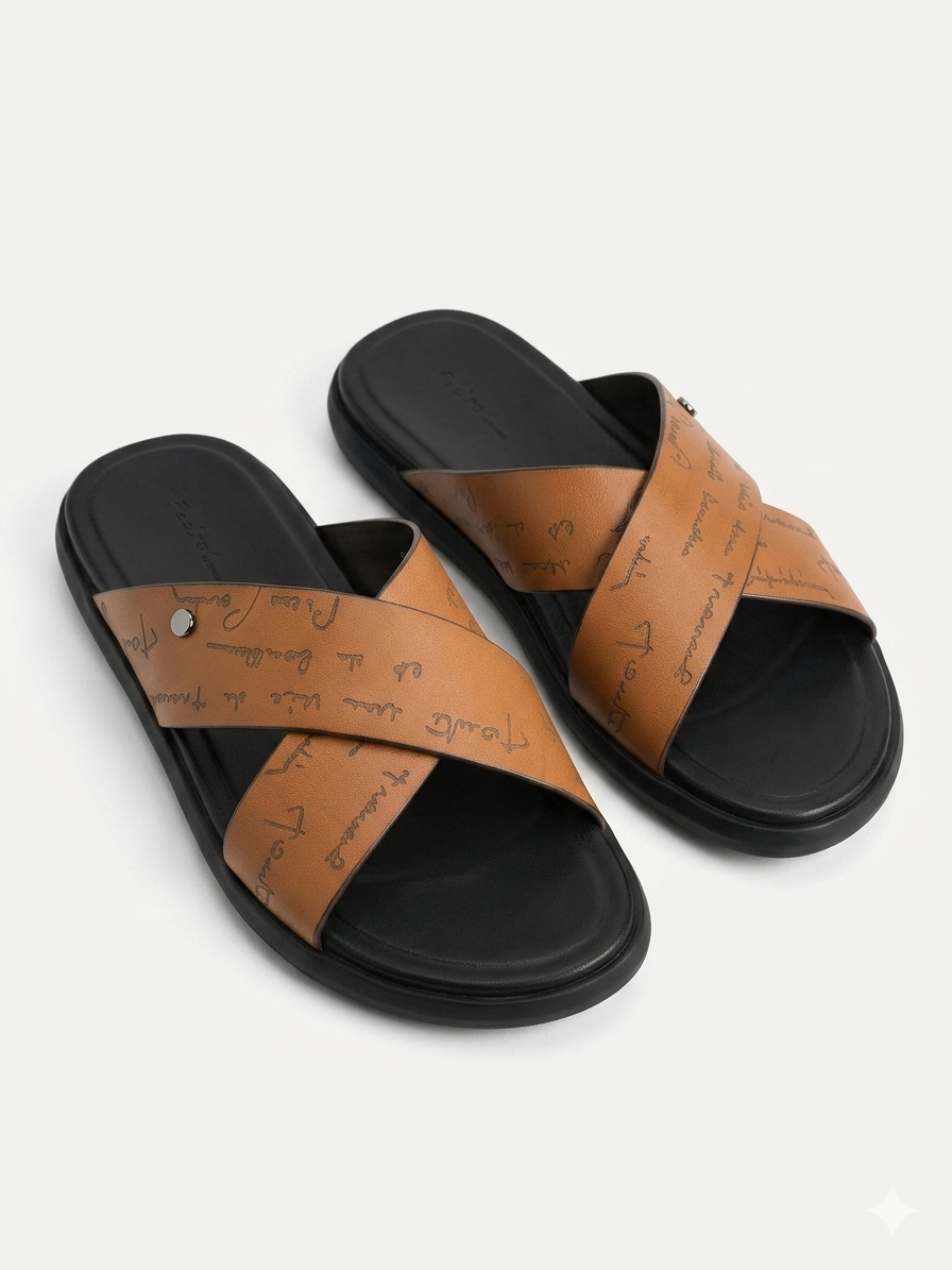 Lucas Premium Engraved Leather Double Strap Cross Slippers