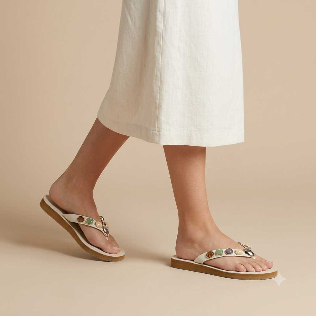Norelle Gemstone V Strap Comfort Slippers Off White - The Heels India