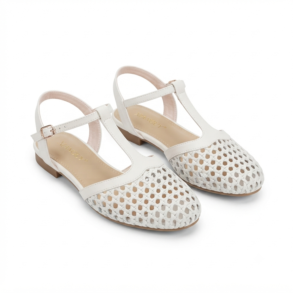 Nysa T Strap Premium Mesh Mary Janes in Beige - The Heels India
