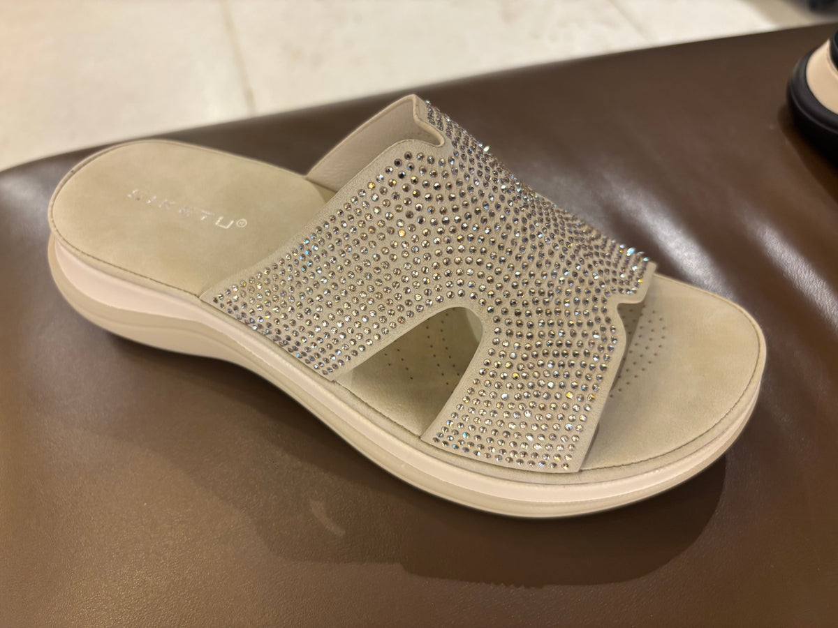 Zarella Bling Chunky Comfort Sliders in Beige - The Heels India