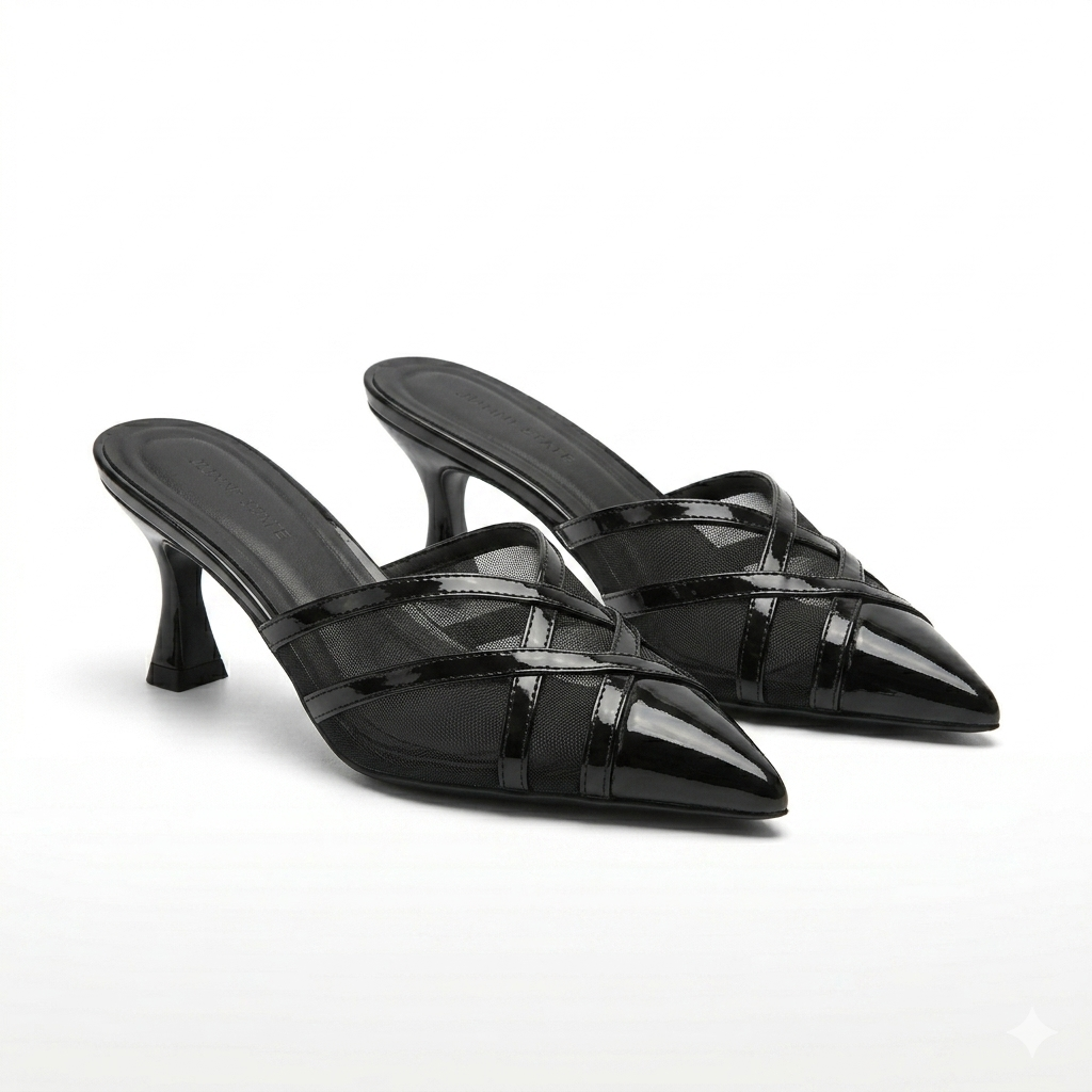 Audrey Criss Cross Back Open Mesh Patent Kitten Heel Mules