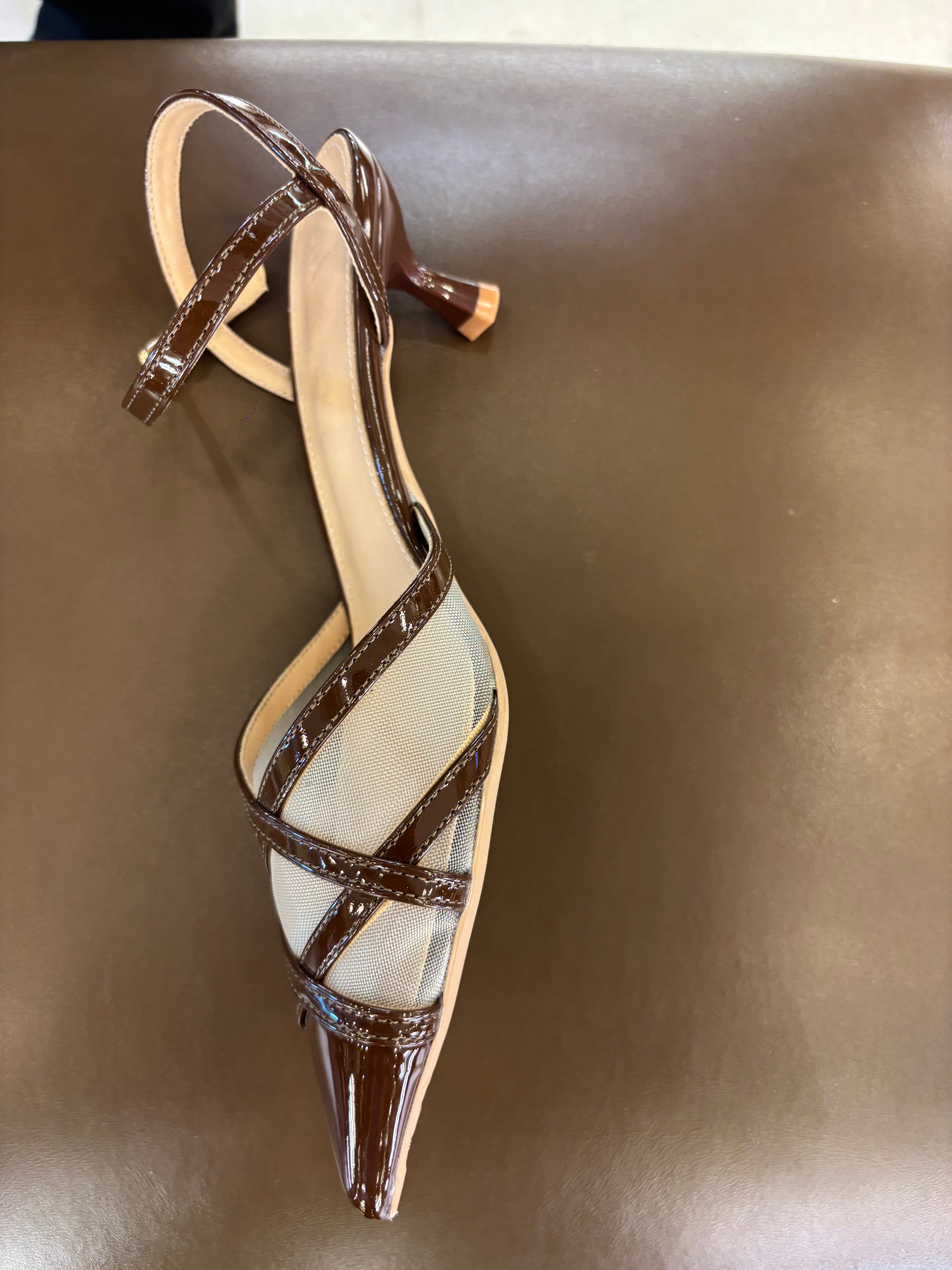 Emrata Criss Cross Mesh Patent Kitten Heels